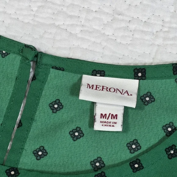 Merona Women's Green/Blue Floral Short Cap Sleeves Blouse - Sz M - Picture 6 of 7